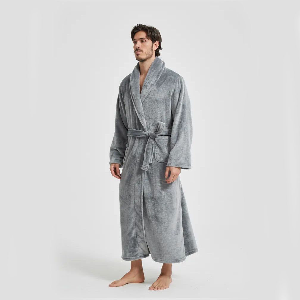 Men's Flannel Bathrobe Grey L Size - Soft Coral Fleece Hooded Kimono Collar Dressing Gown Loose Fit Warm Comfortable Loungewear Home Spa Easy Care Machine Washable