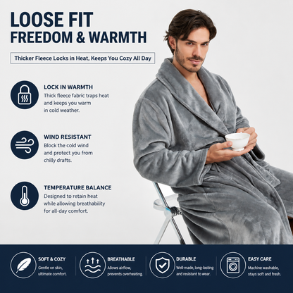 Men's Flannel Bathrobe Grey XL Size - Soft Coral Fleece Hooded Kimono Collar Dressing Gown Loose Fit Warm Comfortable Loungewear Home Spa Easy Care Machine Washable