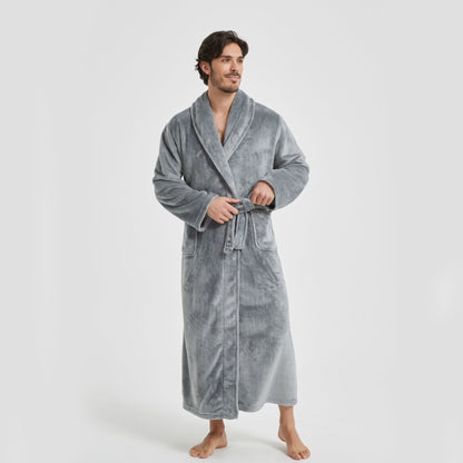 Men's Flannel Bathrobe Grey XXL Size - Soft Coral Fleece Hooded Kimono Collar Dressing Gown Loose Fit Warm Comfortable Loungewear Home Spa Easy Care Machine Washable