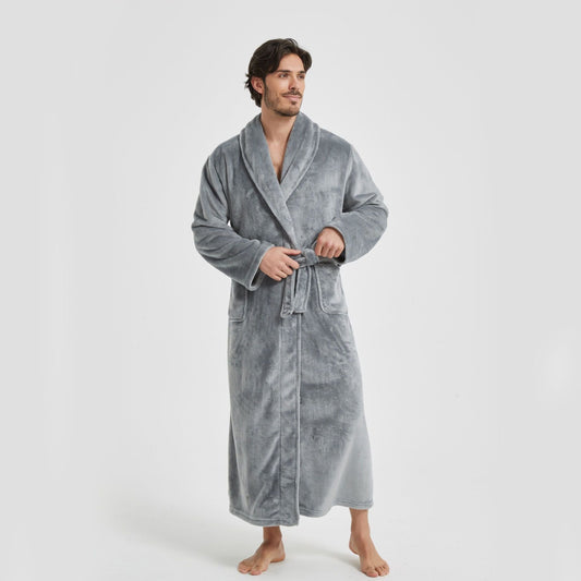 Men's Flannel Bathrobe Grey XXL Size - Soft Coral Fleece Hooded Kimono Collar Dressing Gown Loose Fit Warm Comfortable Loungewear Home Spa Easy Care Machine Washable