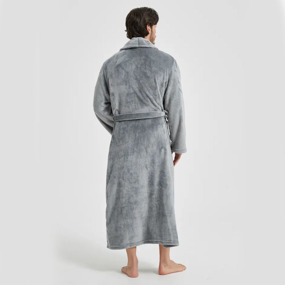 Men's Flannel Bathrobe Grey XXL Size - Soft Coral Fleece Hooded Kimono Collar Dressing Gown Loose Fit Warm Comfortable Loungewear Home Spa Easy Care Machine Washable