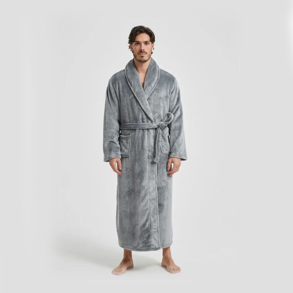 Men's Flannel Bathrobe Grey XXL Size - Soft Coral Fleece Hooded Kimono Collar Dressing Gown Loose Fit Warm Comfortable Loungewear Home Spa Easy Care Machine Washable