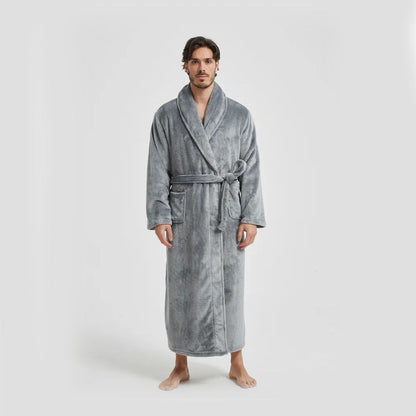 Men's Flannel Bathrobe Grey XXL Size - Soft Coral Fleece Hooded Kimono Collar Dressing Gown Loose Fit Warm Comfortable Loungewear Home Spa Easy Care Machine Washable