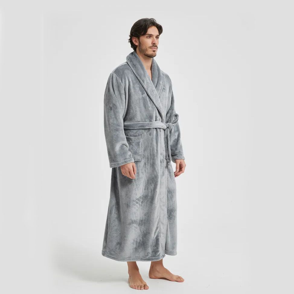 Men's Flannel Bathrobe Grey XXL Size - Soft Coral Fleece Hooded Kimono Collar Dressing Gown Loose Fit Warm Comfortable Loungewear Home Spa Easy Care Machine Washable