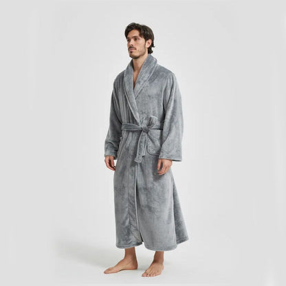 Men's Flannel Bathrobe Grey XXL Size - Soft Coral Fleece Hooded Kimono Collar Dressing Gown Loose Fit Warm Comfortable Loungewear Home Spa Easy Care Machine Washable