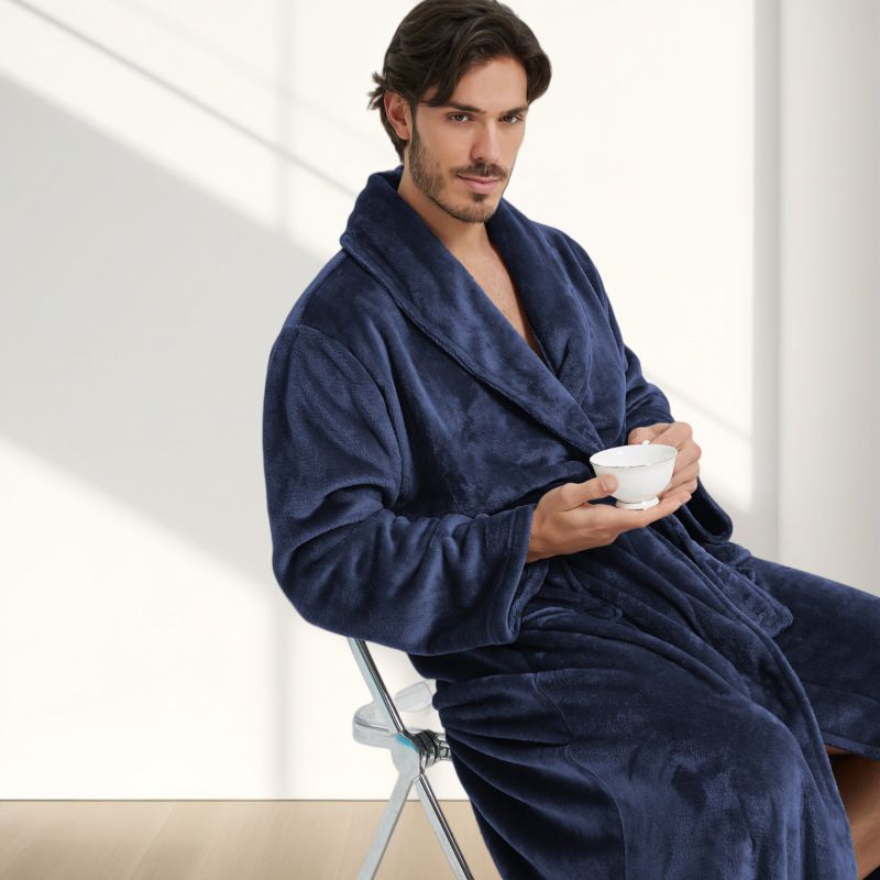 Men's Flannel Bathrobe blue M Size - Soft Coral Fleece Hooded Kimono Collar Dressing Gown Loose Fit Warm Comfortable Loungewear Home Spa Easy Care Machine Washable