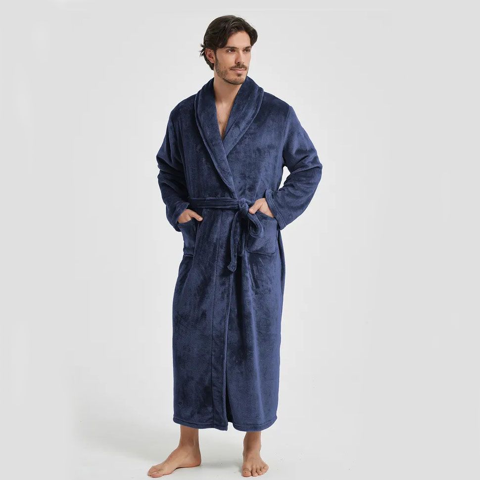 Men's Flannel Bathrobe blue L Size - Soft Coral Fleece Hooded Kimono Collar Dressing Gown Loose Fit Warm Comfortable Loungewear Home Spa Easy Care Machine Washable