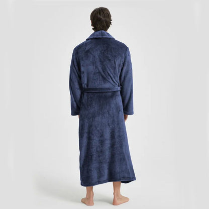 Men's Flannel Bathrobe blue XL Size - Soft Coral Fleece Hooded Kimono Collar Dressing Gown Loose Fit Warm Comfortable Loungewear Home Spa Easy Care Machine Washable
