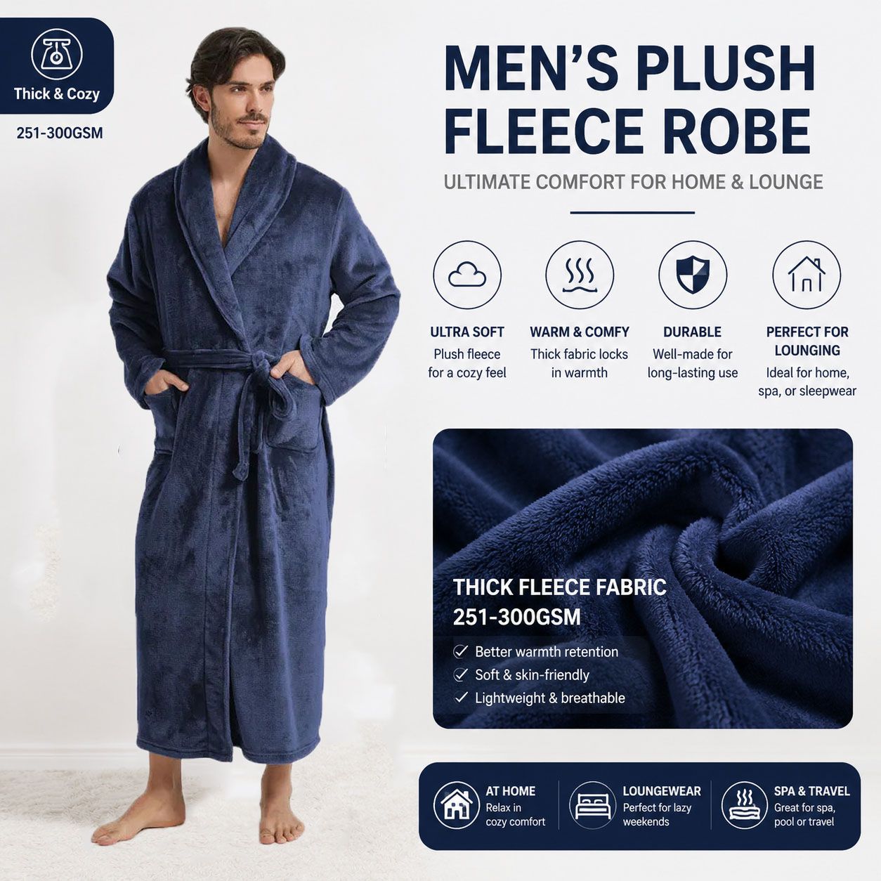Men's Flannel Bathrobe blue XXL Size - Soft Coral Fleece Hooded Kimono Collar Dressing Gown Loose Fit Warm Comfortable Loungewear Home Spa Easy Care Machine Washable