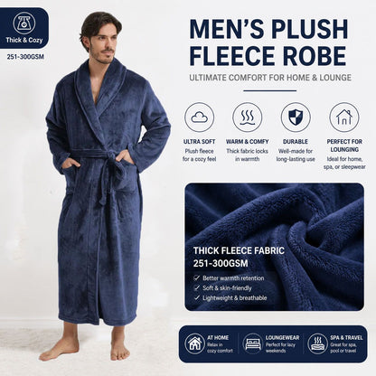 Men's Flannel Bathrobe blue XXL Size - Soft Coral Fleece Hooded Kimono Collar Dressing Gown Loose Fit Warm Comfortable Loungewear Home Spa Easy Care Machine Washable