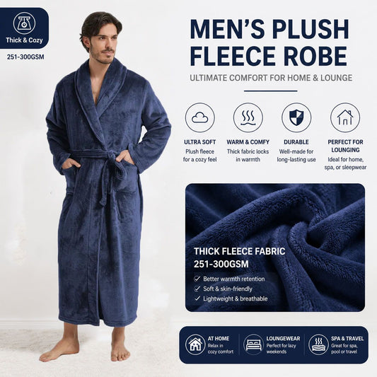 Men's Flannel Bathrobe blue XXL Size - Soft Coral Fleece Hooded Kimono Collar Dressing Gown Loose Fit Warm Comfortable Loungewear Home Spa Easy Care Machine Washable