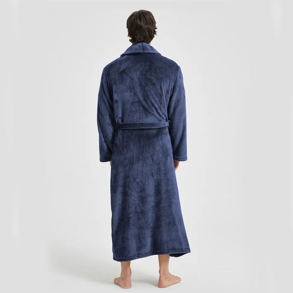 Men's Flannel Bathrobe blue XXL Size - Soft Coral Fleece Hooded Kimono Collar Dressing Gown Loose Fit Warm Comfortable Loungewear Home Spa Easy Care Machine Washable