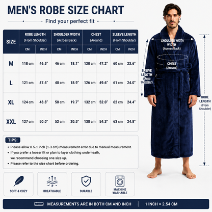 Men's Flannel Bathrobe blue XXL Size - Soft Coral Fleece Hooded Kimono Collar Dressing Gown Loose Fit Warm Comfortable Loungewear Home Spa Easy Care Machine Washable