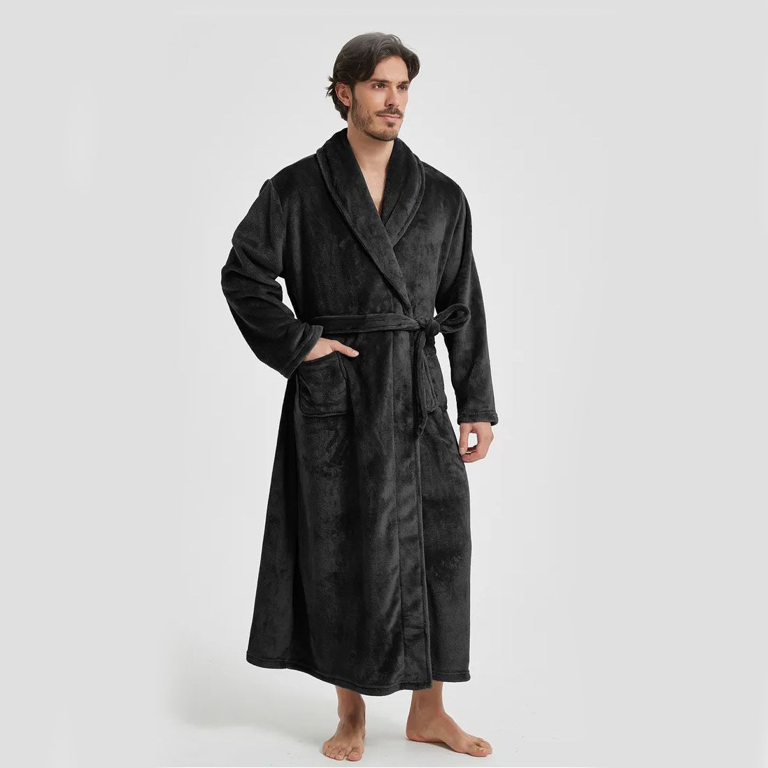 Men's Flannel Bathrobe Black XL Size - Soft Coral Fleece Hooded Kimono Collar Dressing Gown Loose Fit Warm Comfortable Loungewear Home Spa Easy Care Machine Washable