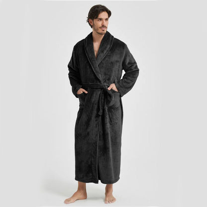 Men's Flannel Bathrobe Black XL Size - Soft Coral Fleece Hooded Kimono Collar Dressing Gown Loose Fit Warm Comfortable Loungewear Home Spa Easy Care Machine Washable