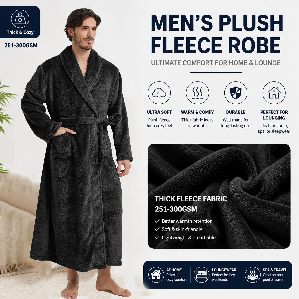Men's Flannel Bathrobe Black XXL Size - Soft Coral Fleece Hooded Kimono Collar Dressing Gown Loose Fit Warm Comfortable Loungewear Home Spa Easy Care Machine Washable