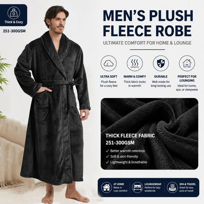 Men's Flannel Bathrobe Black XXL Size - Soft Coral Fleece Hooded Kimono Collar Dressing Gown Loose Fit Warm Comfortable Loungewear Home Spa Easy Care Machine Washable