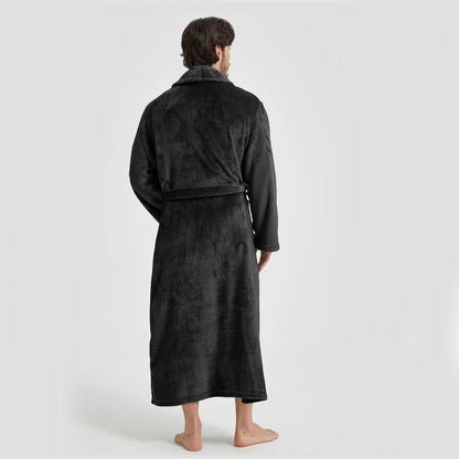 Men's Flannel Bathrobe Black XXL Size - Soft Coral Fleece Hooded Kimono Collar Dressing Gown Loose Fit Warm Comfortable Loungewear Home Spa Easy Care Machine Washable