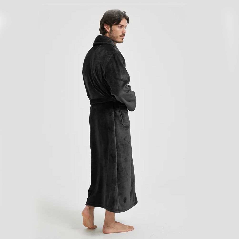 Men's Flannel Bathrobe Black XXL Size - Soft Coral Fleece Hooded Kimono Collar Dressing Gown Loose Fit Warm Comfortable Loungewear Home Spa Easy Care Machine Washable