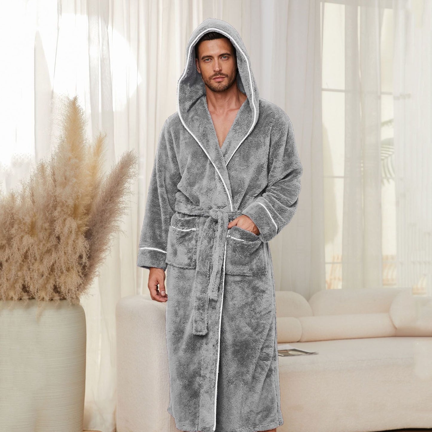 Men's Plush Fleece Hooded Bathrobe Grey M Size Shawl Collar Dressing Gown - Thick Warm Soft Winter Loungewear with Belt Deep Pockets Machine Washable Home Spa Comfort Gift Ready
