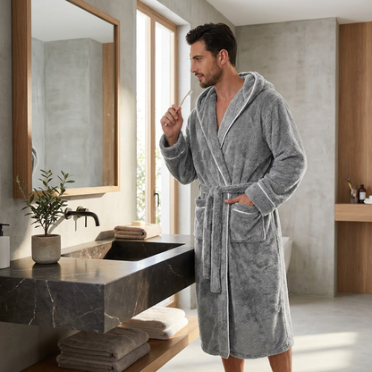 Men's Plush Fleece Hooded Bathrobe Grey M Size Shawl Collar Dressing Gown - Thick Warm Soft Winter Loungewear with Belt Deep Pockets Machine Washable Home Spa Comfort Gift Ready