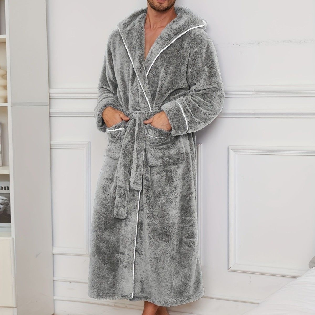 Men's Plush Fleece Hooded Bathrobe Grey M Size Shawl Collar Dressing Gown - Thick Warm Soft Winter Loungewear with Belt Deep Pockets Machine Washable Home Spa Comfort Gift Ready