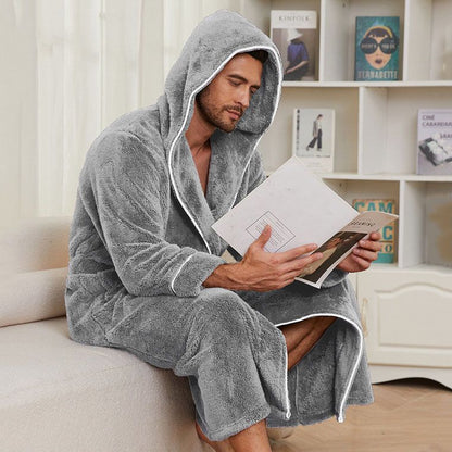 Men's Plush Fleece Hooded Bathrobe Grey L Size Shawl Collar Dressing Gown - Thick Warm Soft Winter Loungewear with Belt Deep Pockets Machine Washable Home Spa Comfort Gift Ready