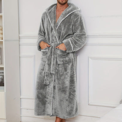 Men's Plush Fleece Hooded Bathrobe Grey L Size Shawl Collar Dressing Gown - Thick Warm Soft Winter Loungewear with Belt Deep Pockets Machine Washable Home Spa Comfort Gift Ready