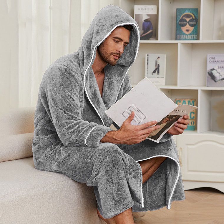 Men's Plush Fleece Hooded Bathrobe Grey XL Size Shawl Collar Dressing Gown - Thick Warm Soft Winter Loungewear with Belt Deep Pockets Machine Washable Home Spa Comfort Gift Ready