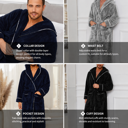 Men's Plush Fleece Hooded Bathrobe Grey XL Size Shawl Collar Dressing Gown - Thick Warm Soft Winter Loungewear with Belt Deep Pockets Machine Washable Home Spa Comfort Gift Ready