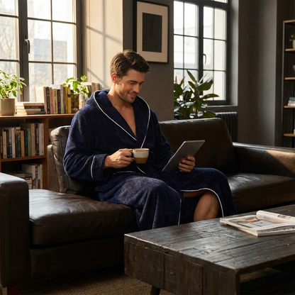 Men's Plush Fleece Hooded Bathrobe Blue M Size Shawl Collar Dressing Gown - Thick Warm Soft Winter Loungewear with Belt Deep Pockets Machine Washable Home Spa Comfort Gift Ready
