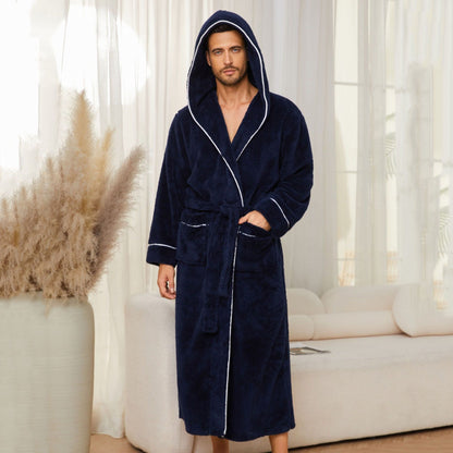 Men's Plush Fleece Hooded Bathrobe Blue L Size Shawl Collar Dressing Gown - Thick Warm Soft Winter Loungewear with Belt Deep Pockets Machine Washable Home Spa Comfort Gift Ready