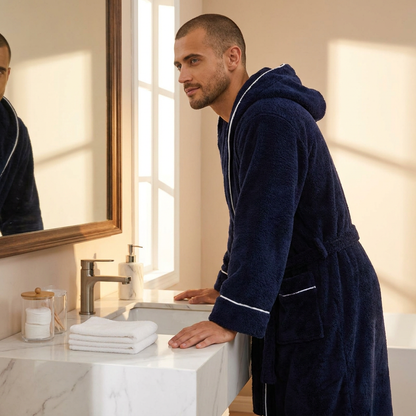 Men's Plush Fleece Hooded Bathrobe Blue L Size Shawl Collar Dressing Gown - Thick Warm Soft Winter Loungewear with Belt Deep Pockets Machine Washable Home Spa Comfort Gift Ready