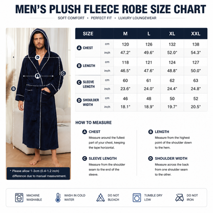 Men's Plush Fleece Hooded Bathrobe Blue L Size Shawl Collar Dressing Gown - Thick Warm Soft Winter Loungewear with Belt Deep Pockets Machine Washable Home Spa Comfort Gift Ready