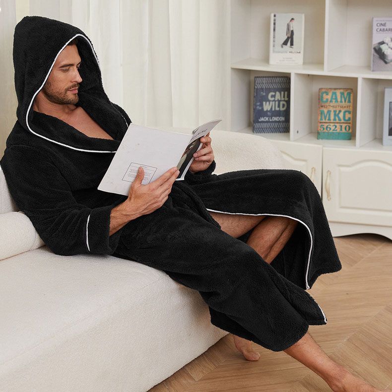 Men's Plush Fleece Hooded Bathrobe Black M Size Shawl Collar Dressing Gown - Thick Warm Soft Winter Loungewear with Belt Deep Pockets Machine Washable Home Spa Comfort Gift Ready