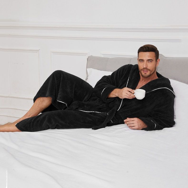 Men's Plush Fleece Hooded Bathrobe Black M Size Shawl Collar Dressing Gown - Thick Warm Soft Winter Loungewear with Belt Deep Pockets Machine Washable Home Spa Comfort Gift Ready