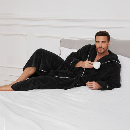 Men's Plush Fleece Hooded Bathrobe Black M Size Shawl Collar Dressing Gown - Thick Warm Soft Winter Loungewear with Belt Deep Pockets Machine Washable Home Spa Comfort Gift Ready