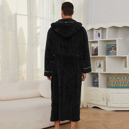 Men's Plush Fleece Hooded Bathrobe Black M Size Shawl Collar Dressing Gown - Thick Warm Soft Winter Loungewear with Belt Deep Pockets Machine Washable Home Spa Comfort Gift Ready