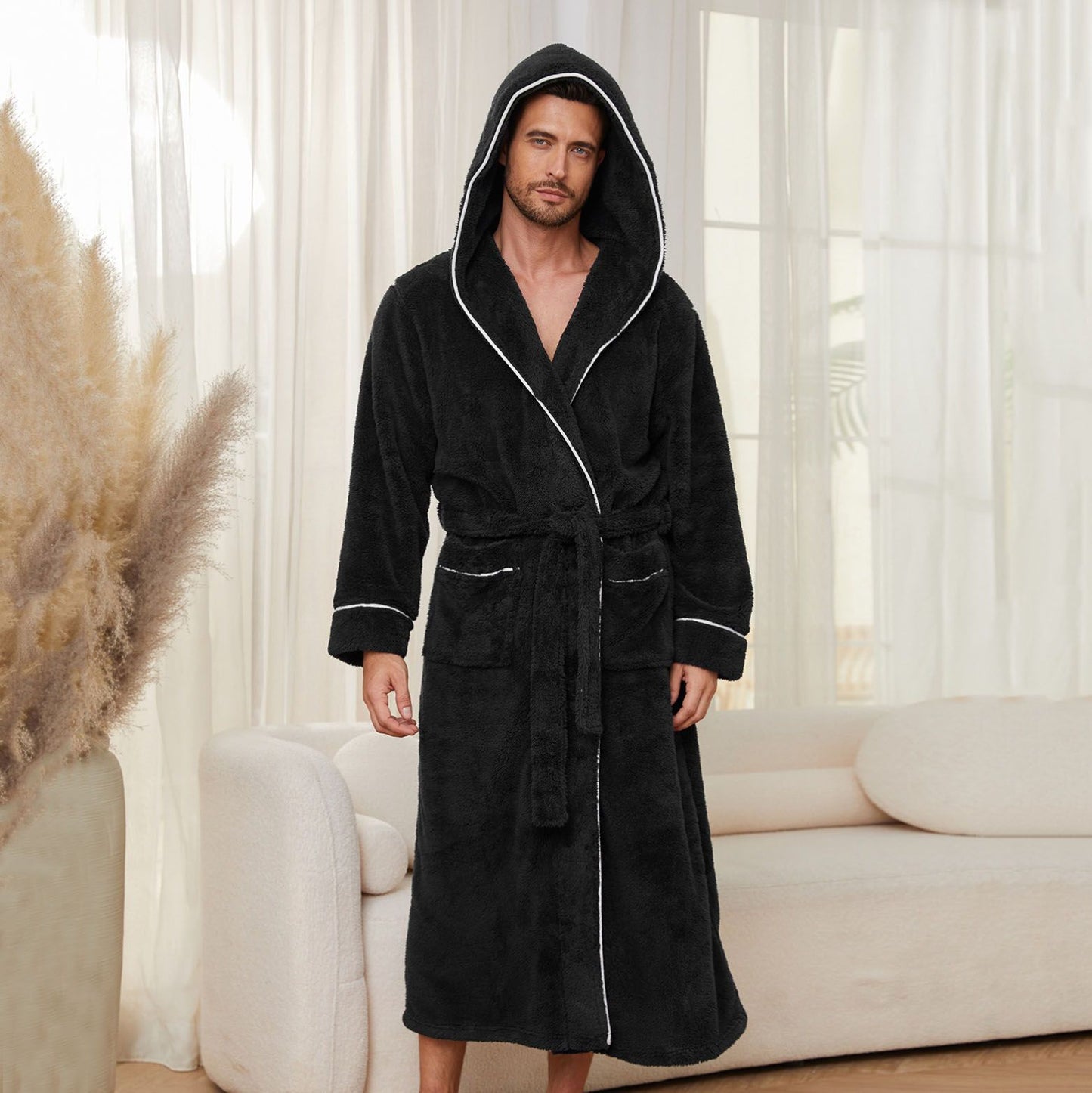 Men's Plush Fleece Hooded Bathrobe Black XXL Size Shawl Collar Dressing Gown - Thick Warm Soft Winter Loungewear with Belt Deep Pockets Machine Washable Home Spa Comfort Gift Ready