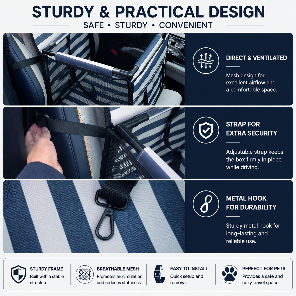 Blue Easy Install Dog Car Seat - Dark Blue Waterproof Foldable Dog & Cat Booster Seat with Breathable Mesh, Safety Strap & Reinforced Frame for Travel, Anti-Slip Portable Pet Car Bed