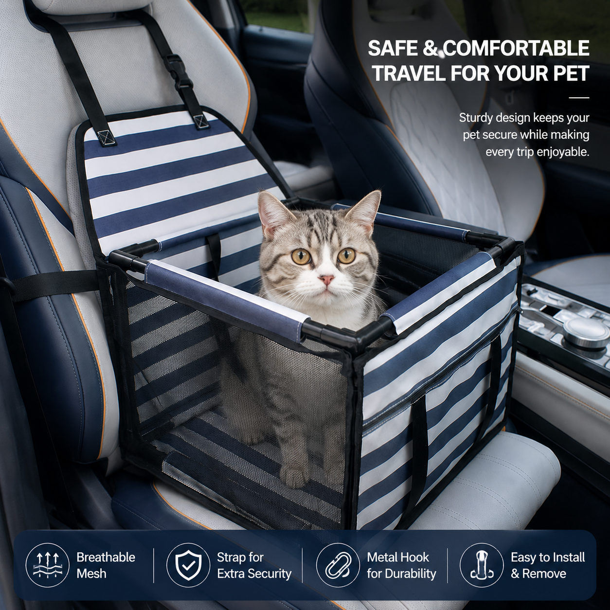 Pet Car Seat for Dogs and Cats Waterproof Mesh Booster Seat Carrier Bag - Striped Car Travel Pet Bed with Safety Strap Anti Slip Portable Pet Travel Carrier for Small Pets