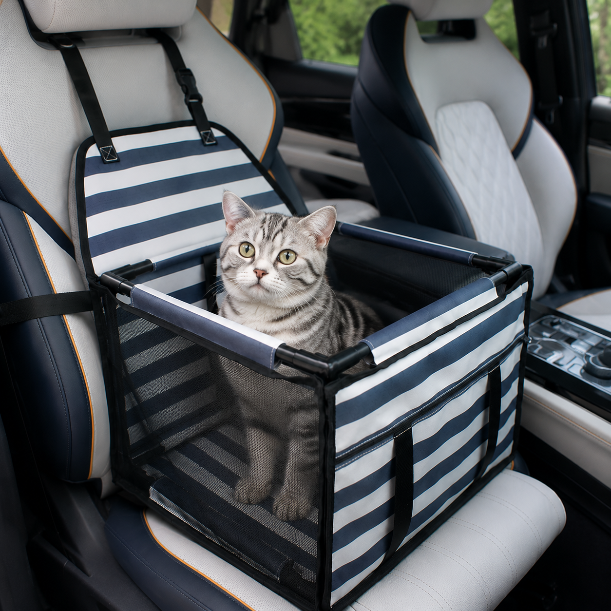 Pet Car Seat for Dogs and Cats Waterproof Mesh Booster Seat Carrier Bag - Striped Car Travel Pet Bed with Safety Strap Anti Slip Portable Pet Travel Carrier for Small Pets