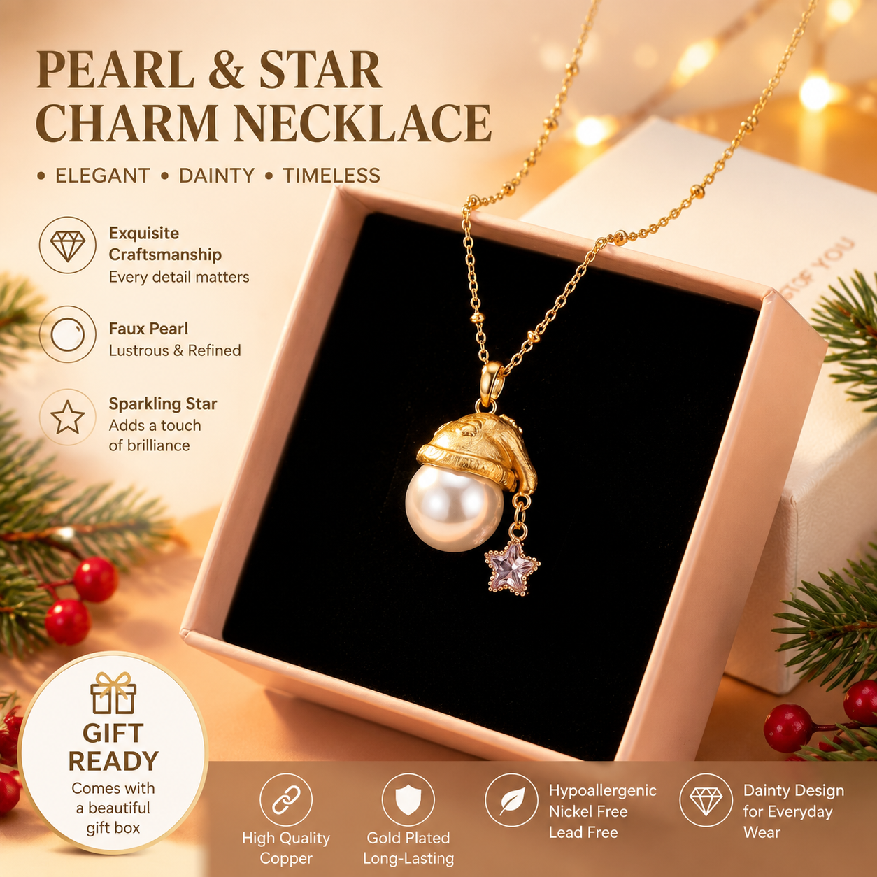 Pearl Santa Hat Star Necklace â€“ Gold Plated Dainty Christmas Pendant Necklace with Faux Pearl & Star Charm, Includes Gift Box, Elegant Holiday Gift Jewelry for Women