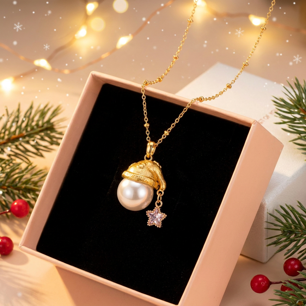Pearl Santa Hat Star Necklace â€“ Gold Plated Dainty Christmas Pendant Necklace with Faux Pearl & Star Charm, Includes Gift Box, Elegant Holiday Gift Jewelry for Women
