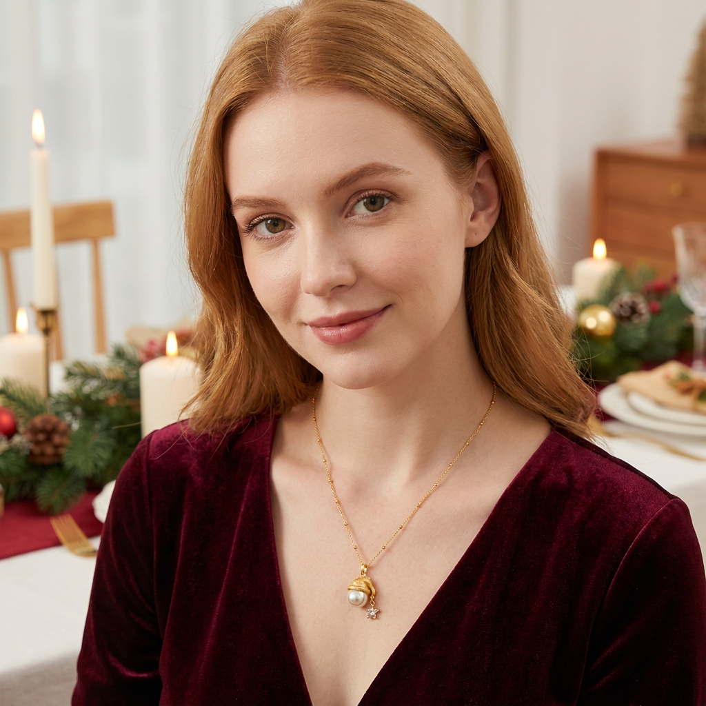 Pearl Santa Hat Star Necklace â€“ Gold Plated Dainty Christmas Pendant Necklace with Faux Pearl & Star Charm, Includes Gift Box, Elegant Holiday Gift Jewelry for Women