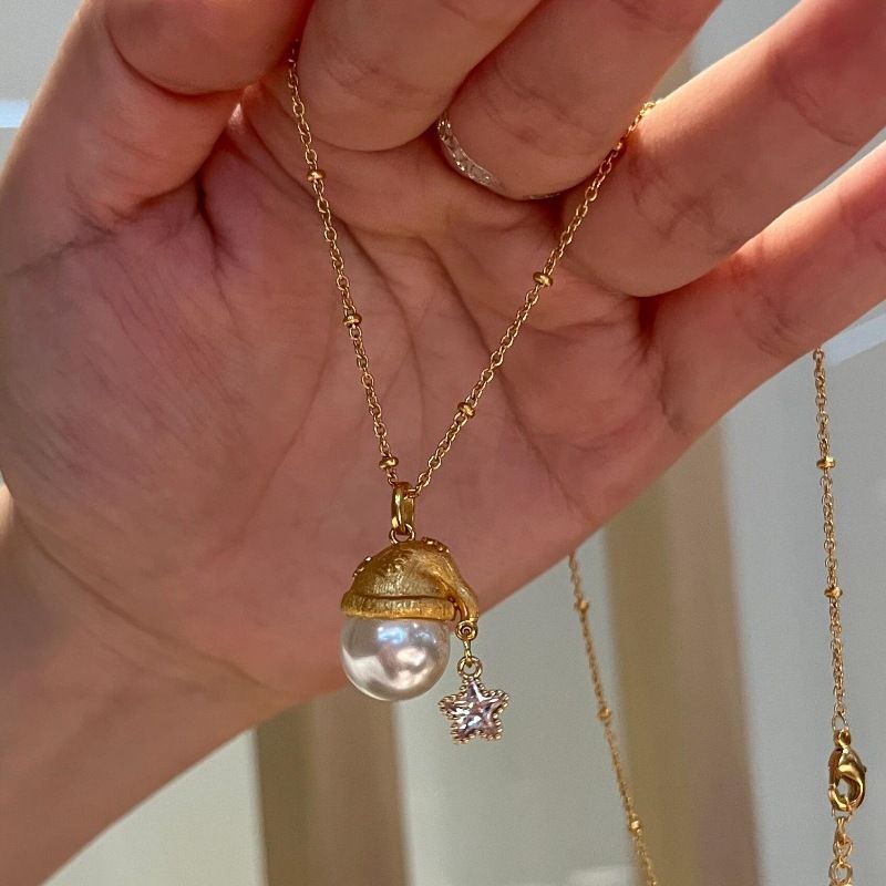 Pearl Santa Hat Star Necklace â€“ Gold Plated Dainty Christmas Pendant Necklace with Faux Pearl & Star Charm, Includes Gift Box, Elegant Holiday Gift Jewelry for Women