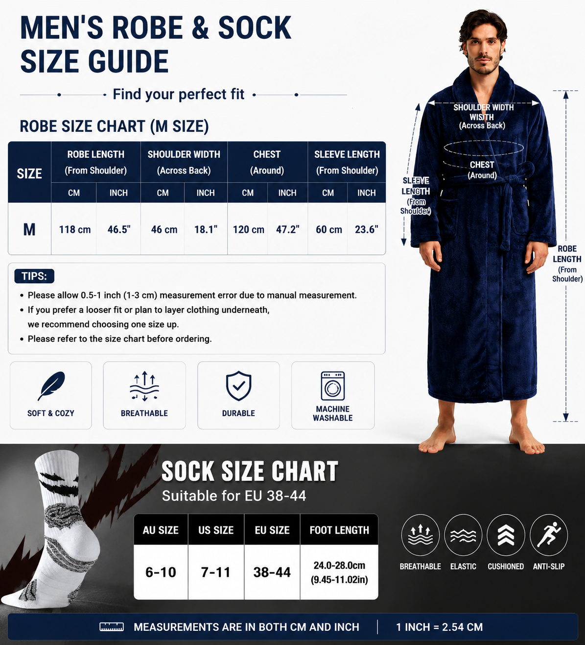 Grey Men's Winter Lounge Bundle Set - Flannel Shawl Collar Robe(M Size) with 2x White Thick Mid Calf Demon Pattern Socks, Warm Plush Homewear Set, Soft Cozy Sleepwear and Indoor Loungewear Gift for Men