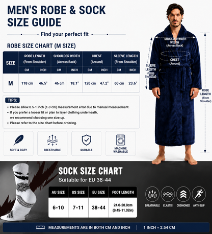 Grey Men's Winter Lounge Bundle Set - Flannel Shawl Collar Robe(M Size) with 2x White Thick Mid Calf Demon Pattern Socks, Warm Plush Homewear Set, Soft Cozy Sleepwear and Indoor Loungewear Gift for Men