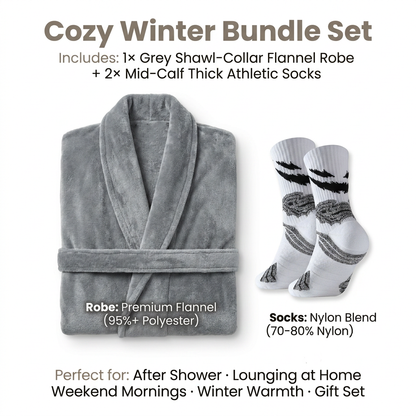 Grey Men's Winter Lounge Bundle Set - Flannel Shawl Collar Robe(L Size) with 2x White Thick Mid Calf Demon Pattern Socks, Warm Plush Homewear Set, Soft Cozy Sleepwear and Indoor Loungewear Gift for Men