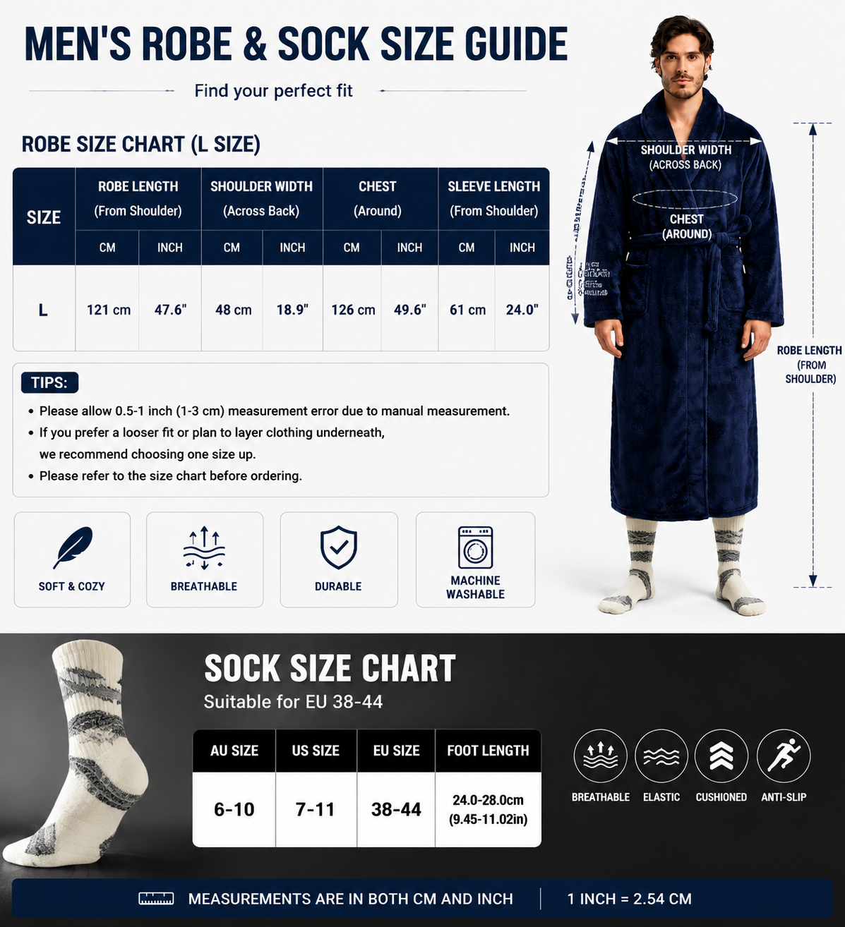 Grey Men's Winter Lounge Bundle Set - Flannel Shawl Collar Robe(L Size) with 2x White Thick Mid Calf Demon Pattern Socks, Warm Plush Homewear Set, Soft Cozy Sleepwear and Indoor Loungewear Gift for Men